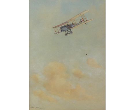 Bert Mockett (British, 20th Century), A First World War biplane flying over fields, signed and dated 'Bert Mockett 1919' (low