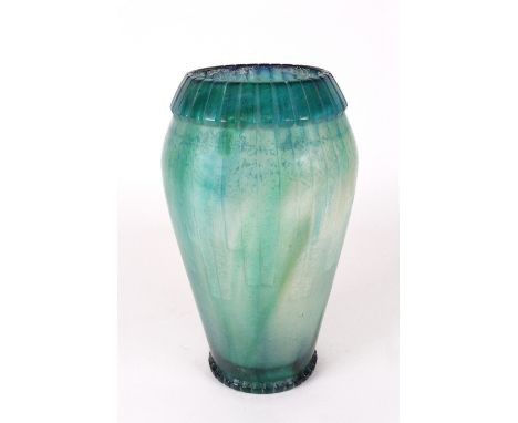 Gabriel Argy-Rousseau:  A pate de verre glass vase, 1929, tapering cylindrical with coloured rim and linear decoration in pal