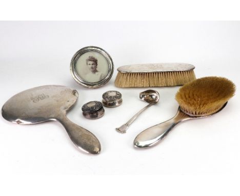 An American three piece mounted dressing table, detailed sterling, monogrammed, a small pair of American circular boxes, deta