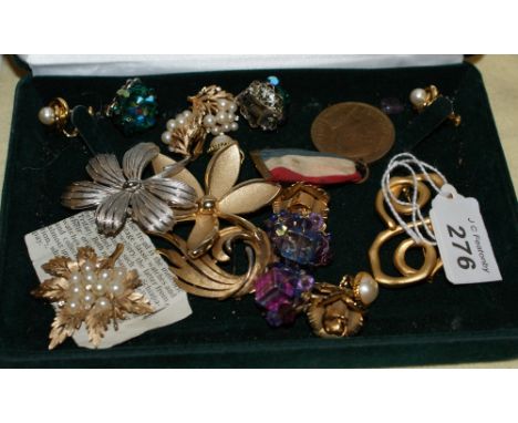 Box containing vintage costume jewellery by Sarah Coventry, Trifari and others together with an Empire Day Medal