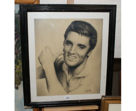 Charcoal drawing head and shoulder portrait of Elvis Presley, signed B P Jones95. 42 x 36 cm