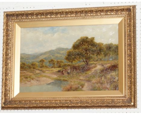 Late 19th century oil painting - A Study of Two Children Playing by a river with cattle and hills in the background. Signed H