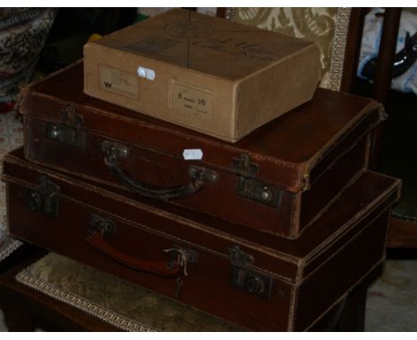 Two small vintage travel cases and a box of starched shirt collars