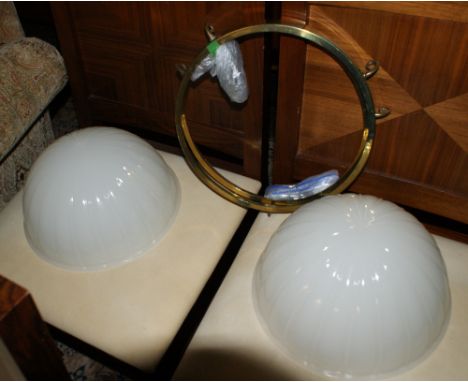 Pair of Art Deco style opalescent glass and brass ceiling light shades suspended on chains