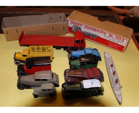 Dinky Supertoys no. 503, Foden flat truck with tailboard in original box, six other vehicles by Dinky and a model of RMS Quee