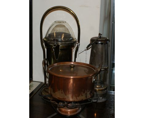 Wolf Miner's safety lamp no.7.R.M.B.S. with brass plate stamped no.61, brass and glass spirit kettle with carrying handle and