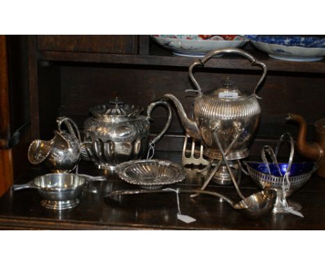 EPNS spirit kettle on stand, two sugar bowls, ladle and three other pieces