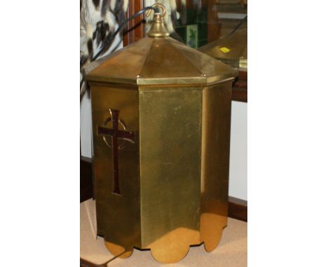 Vintage brass octagonal ceiling light with fret-work religious cross cut our with red glass behind