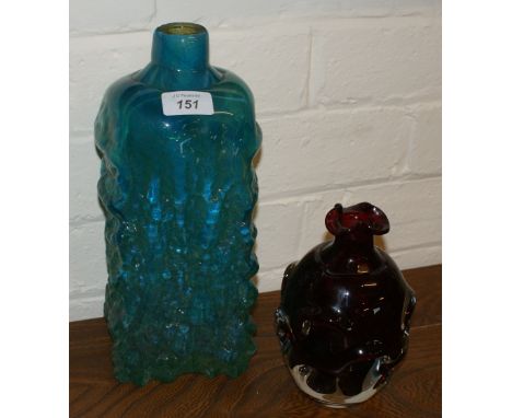 Large square-form bottle-shaped green blue over clear glass bark pattern vase and a small clear over ruby glass ovoid bottle 
