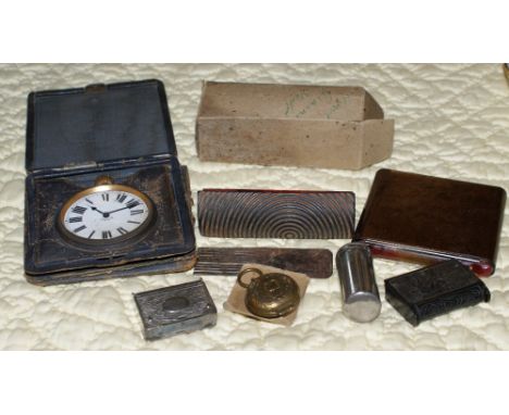 Victorian travel clock, two vesta cases, Bakelite cigarette case, two wood graining tools, cigarette case and a trinket box