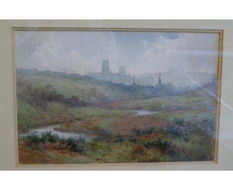 Early 20th century water colour - River and Landscape with Durham Cathedral in the distance. Signed M Davison 24.5 x 34 cm