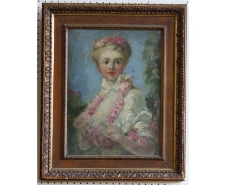 Late 19th early 20th century oil painting on wood panel - Portrait of a young lady wearing a garland of pink roses. 38 x 28 c