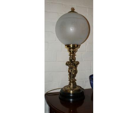 Victorian-style brass figured table lamp with frosted glass shade