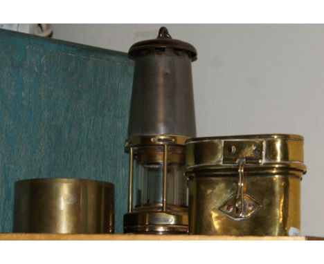 Miner's safety lamp by Wolf no.7 S.E.M.B. with brass plate on top stamped S.185 together with a brass oval box stamped no.6 a