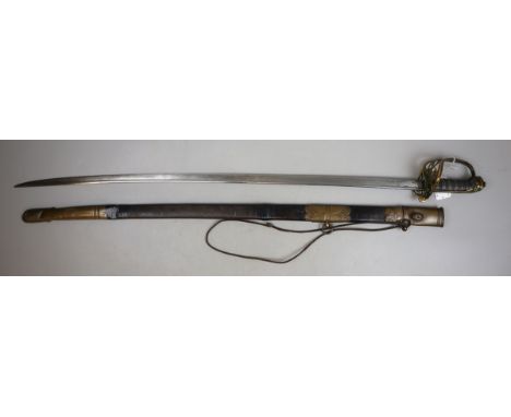 1822 pattern Victorian officers sword with Royal cypher VR pierced in brass guard basket, shagreen and wire grip, leather and