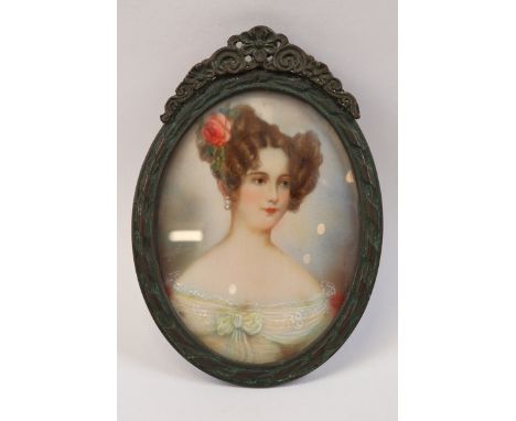 Antique miniature portrait painting of a young woman 