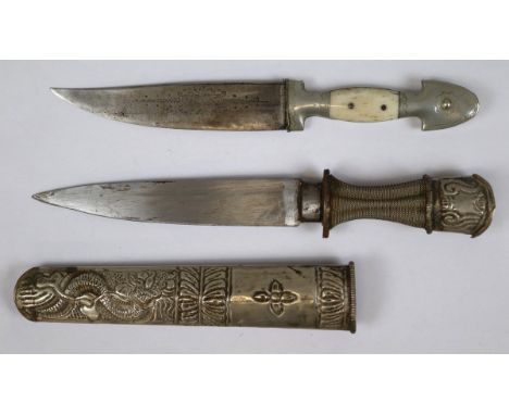 Late 19thC - early 20thC Tibetan Husa Khampa knife with white metal scabbard, grip and pommel, together with an antique Arabi