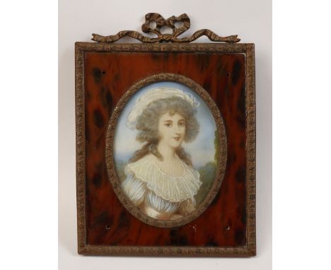 Antique miniature portrait painting of a young lady 