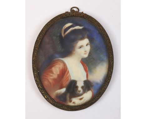 Antique miniature portrait painting young woman &amp; a dog - signed 