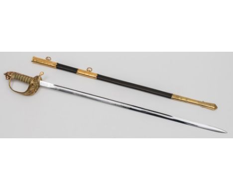 An Elizabeth II Royal Naval dress sword by Wilkinson, London:, the straight single edge fullured blade with foul anchor, crow