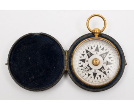A 19th century gilt brass pocket compass in leather travelling box, together with a treen cased pocket sundial/compass: (2)