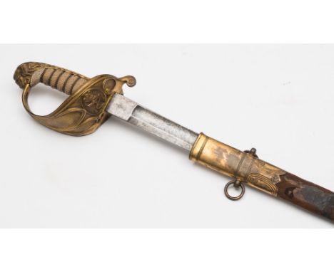 A Victorian Royal Naval  Officer dress sword by Ramsey, Davenport:, the single edge fullered blade with acid etched decoratio