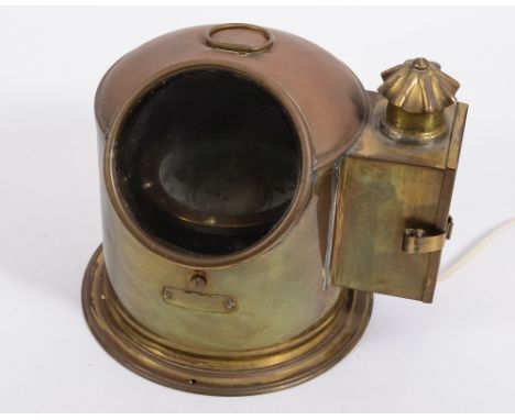 A Sestral brass binnacle compass:, the 4 inch gimballed compass within a domed and glazed case with lantern case to one side,
