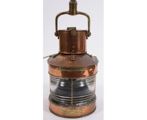 A WWII period copper and brass masthead lamp:, by Birmingham Engineering Company Ltd, dated 1941 with plaque as per title to 