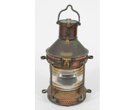 A ship's copper and brass anchor signal lamp by William McGeoch and Co Ltd, Glasgow, serial number 3555: of typical form, hei