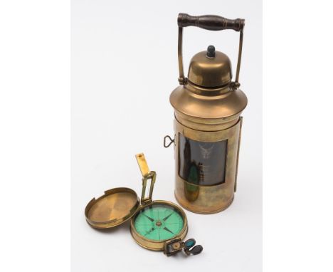 A brass cased 2 1/2 inch dry card prismatic compass by Elliott Brothers  London, together with a cylindrical brass binnacle l