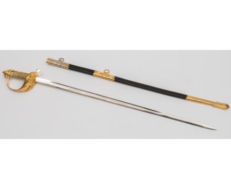 An Elizabeth II Royal Naval dress sword by Wilkinson, London:, the straight single edge fullured blade with foul anchor, crow