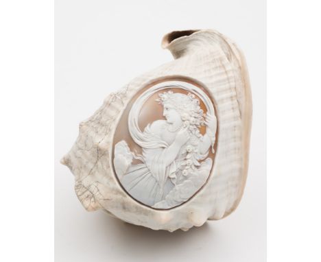 A 19th century carved Nautilus shell:, decorated after The Antique with an oval portrait of a woman, 15cm long.