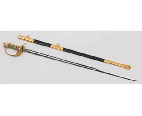 An Elizabeth II Royal Naval dress sword:, the straight single edge fullured blade with foul anchor, crown and 'ER cypher' abo