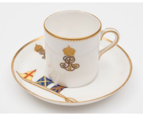 An Edward VII coffee can and saucer by Royal Worcester, possibly form the Royal Yacht:, blue and gilt crown and 'ER' cypher w