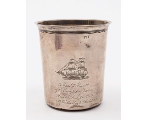 A continental silver presentation beaker:, engraved  with a two masted brig, inscribed 'To Captain W Sinnott of the English b