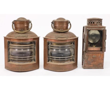 A pair of Seahorse ship's lamps, together with a late 19th century copper lamp of rectangular form: