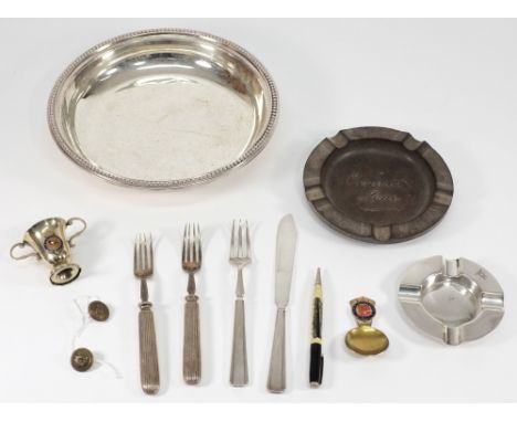 A collection of White Star Line and Cunard silver plated wares:, comprising a circular bead decorated serving dish, an ashtra