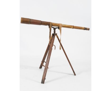 A lacquered brass five draw telescope and stand:, unsigned, the main tube with 3 inch lens and five graduated drawers with fi