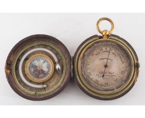 A 19th century gilt brass compensated pocket barometer by Elliott Brothers, London:, the silvered vernier dial signed as per 