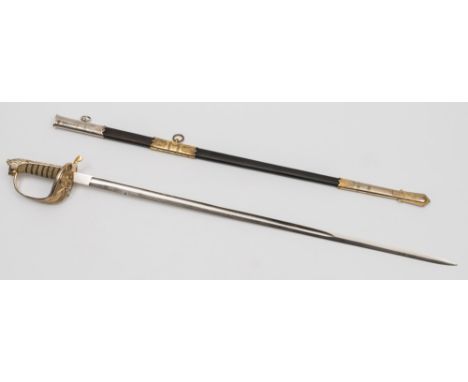 An Elizabeth II Royal Naval dress sword by Starkey Ltd:, the straight single edge fullured blade with foul anchor, crown and 