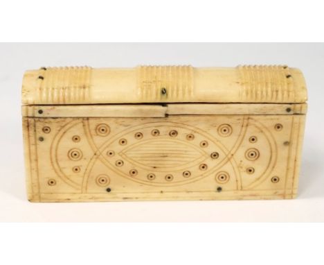 An early 19th Century Prisoner of War bone snuff box in the form of a book:, with tortoiseshell inlaid geometric decoration, 