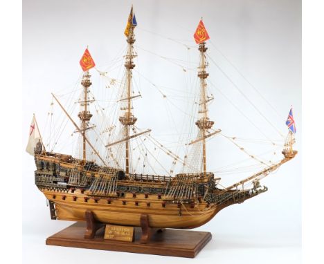 A scale model of  90 gun first-rate ship of the line The Sovereign of the Seas:, standing and running rigged with detailed de