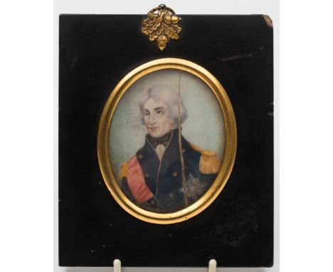 A 19th century oval portrait on ivory of  Vice Admiral Lord Nelson:, under a glazed gilt bezel in an ebonised frame with gilt