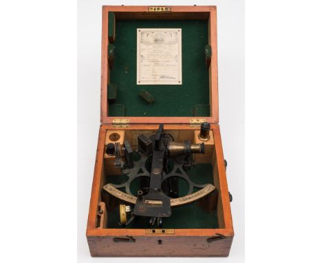             A 6 inch radius vernier sextant by Hughes & Son, London, the crackel finish, 3 circle frame with silvered arc num