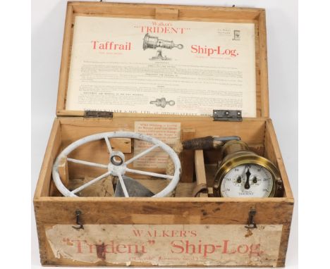 A Walker's Trident Taffrail ship-log:, in fitted pine case, unused condition with original brown labels and spare glasses.