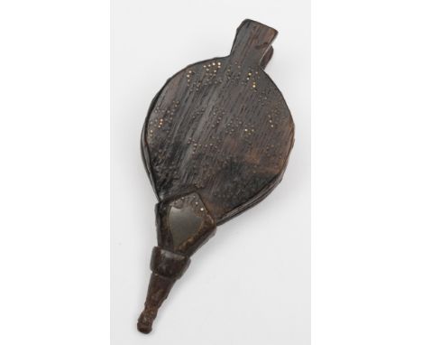 Of Royal George Interest - A carved oak snuff box and cover in the form of a miniature bellows:, pin decoration 'Royal George