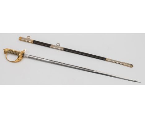 An Elizabeth II Royal Naval dress sword by Gieves, London:, the straight single edge fullured blade with foul anchor, crown a