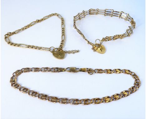 Three 9-carat yellow gold bracelets: a gate link bracelet with heart-shaped padlock clasp; a Figaro bracelet with heart-shape