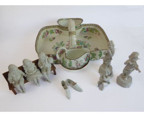 Various ceramic cherubic figures including bisque porcelain musicians, together with other associated items, a wooden bench a