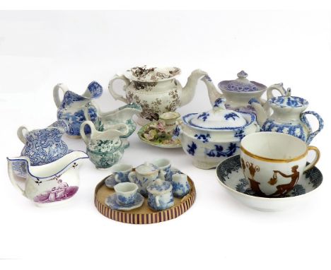 An interesting selection of mostly early/mid 19th century ceramic tea ware to include teapots, lidded&nbsp;sucrier, various c